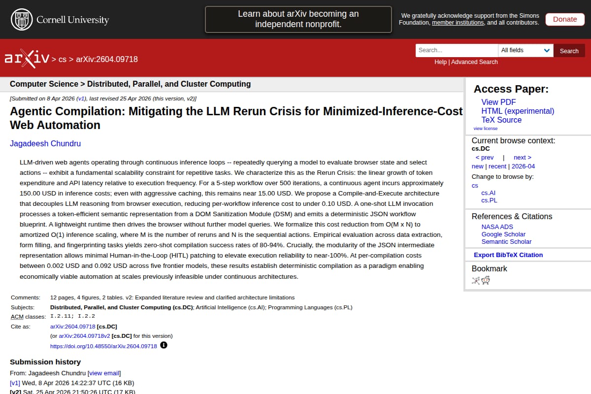 Agentic Compilation: Mitigating the LLM Rerun Crisis for Minimized-Inference-Cost Web Automation screenshot