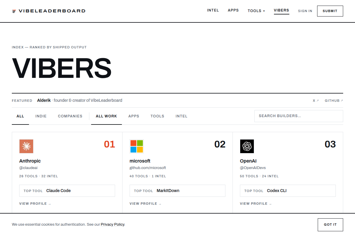 AI Builders and Vibecoders | VibeLeaderboard screenshot