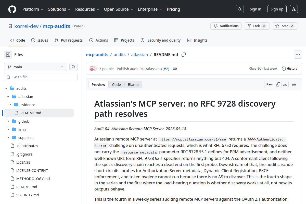 Atlassian MCP server audit: RFC 9728 discovery path failure screenshot
