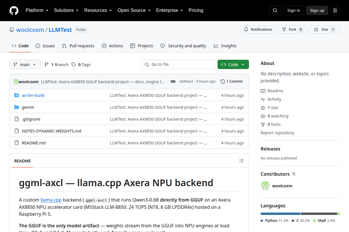 Axera AX8850 LLM running ggufs screenshot