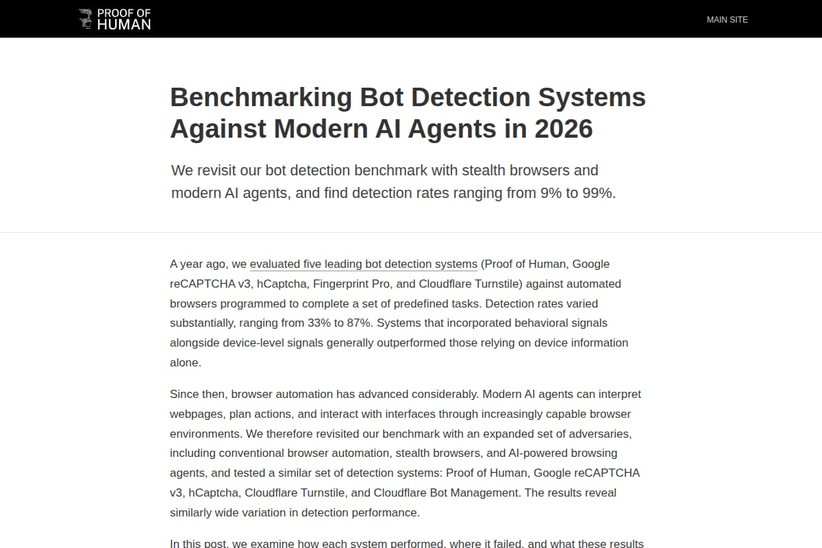 Benchmarking Bot Detection Systems Against Modern AI Agents in 2026 screenshot