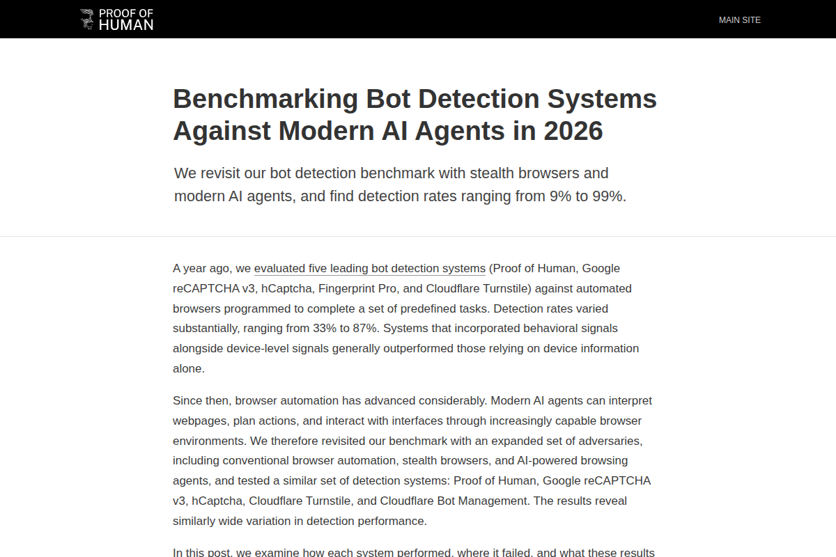 Benchmarking Bot Detection Systems Against Modern AI Agents in 2026 screenshot