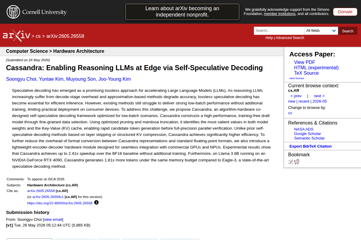 Cassandra: Enabling Reasoning LLMs at Edge via Self-Speculative Decoding screenshot
