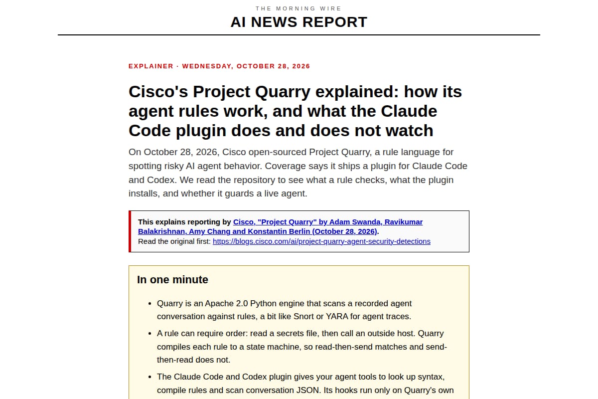 Cisco’s Project Quarry explained: how its agent rules work, and what the Claude Code plugin does and does not watch thumbnail