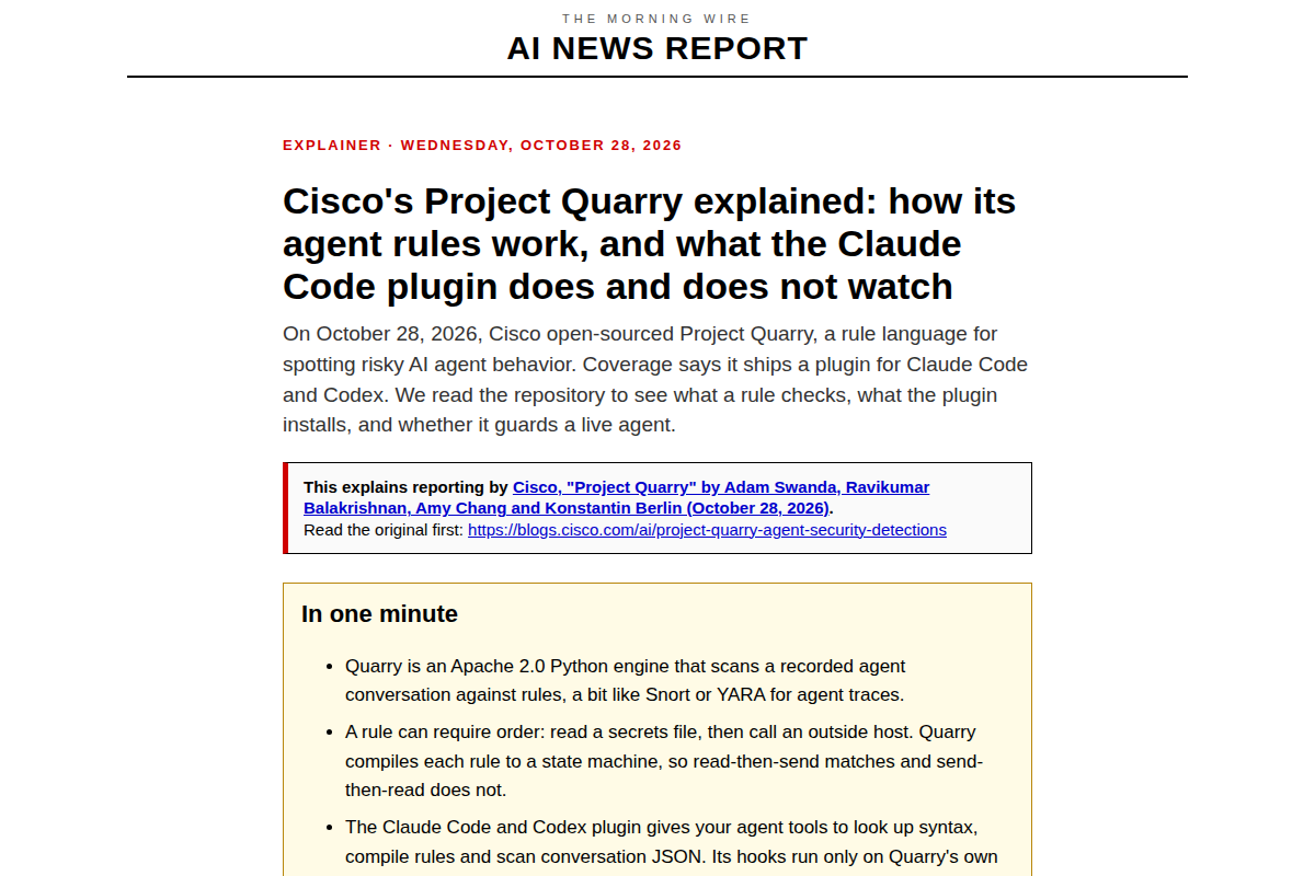 Cisco’s Project Quarry explained: how its agent rules work, and what the Claude Code plugin does and does not watch screenshot