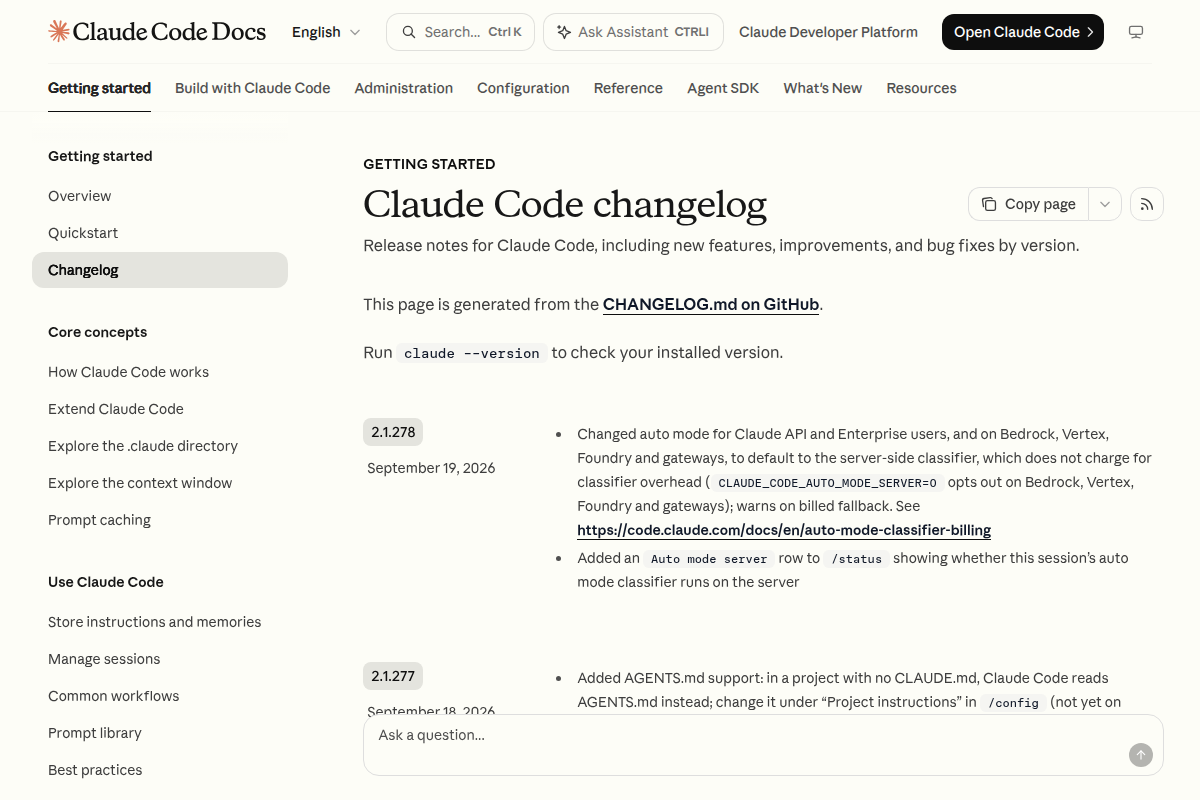 Claude Code changelog screenshot