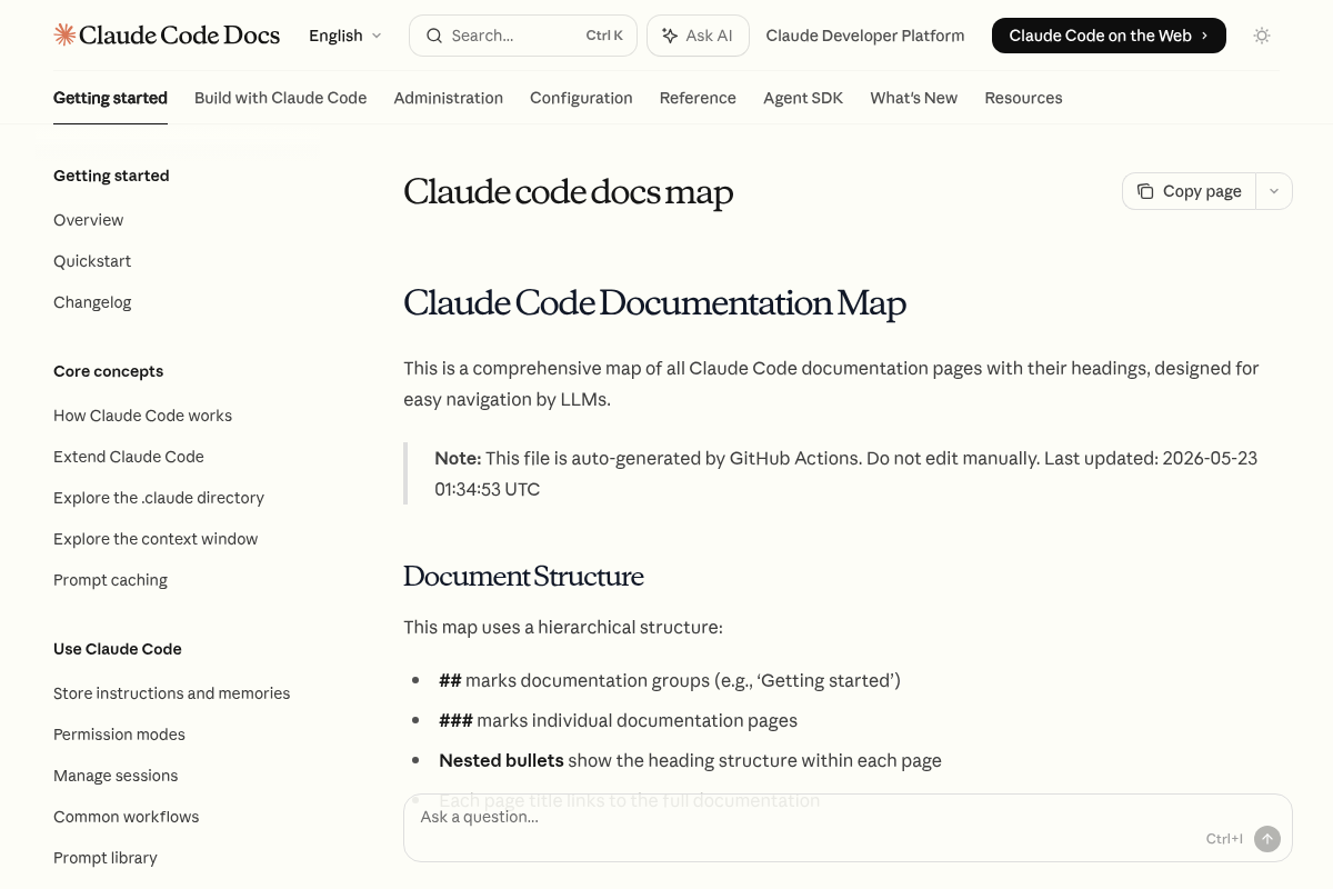 Claude Code Documentation Map screenshot