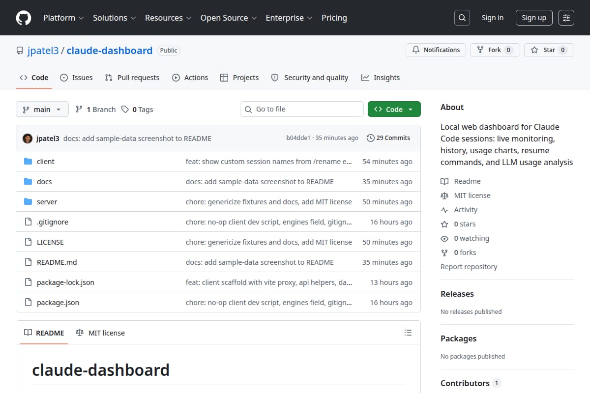Claude dashboard – local web interface screenshot