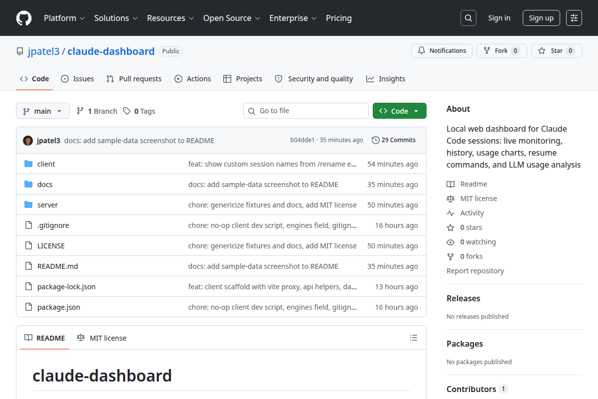 Claude dashboard – local web interface screenshot