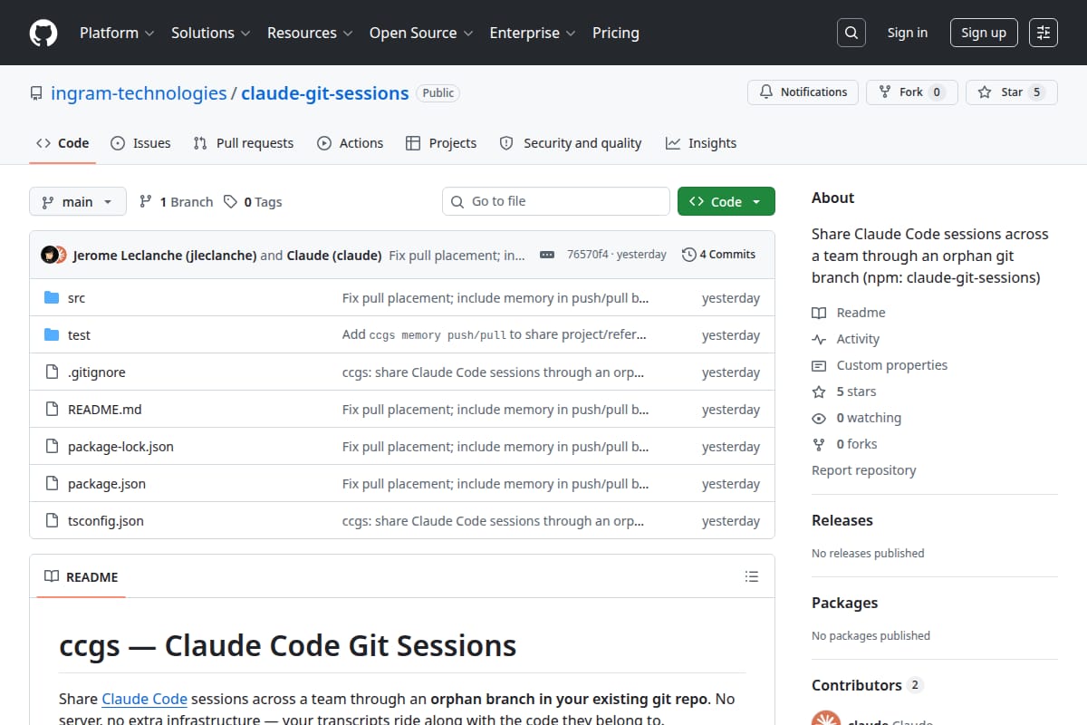 claude-git-sessions (ccgs) screenshot