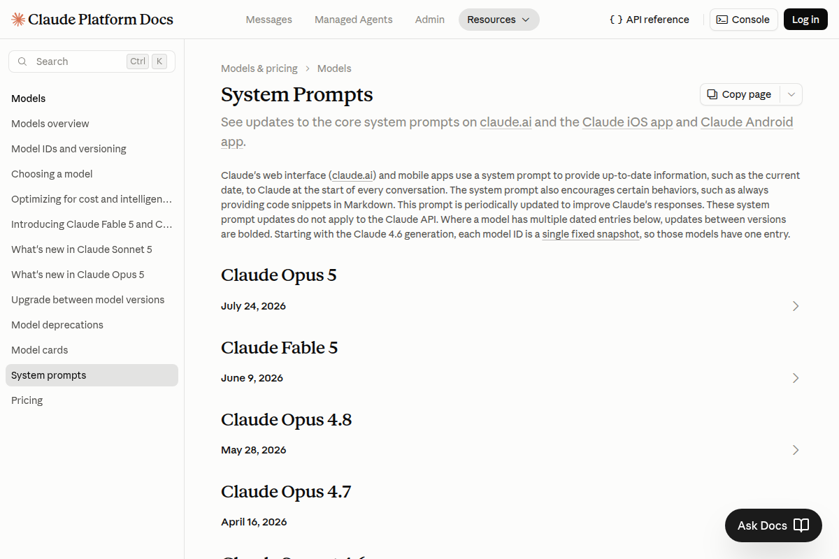 Claude: System Prompts screenshot