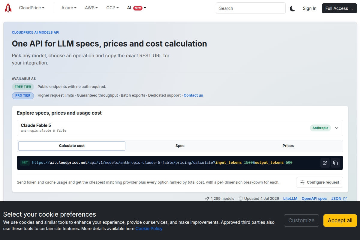 CloudPrice AI Models API screenshot