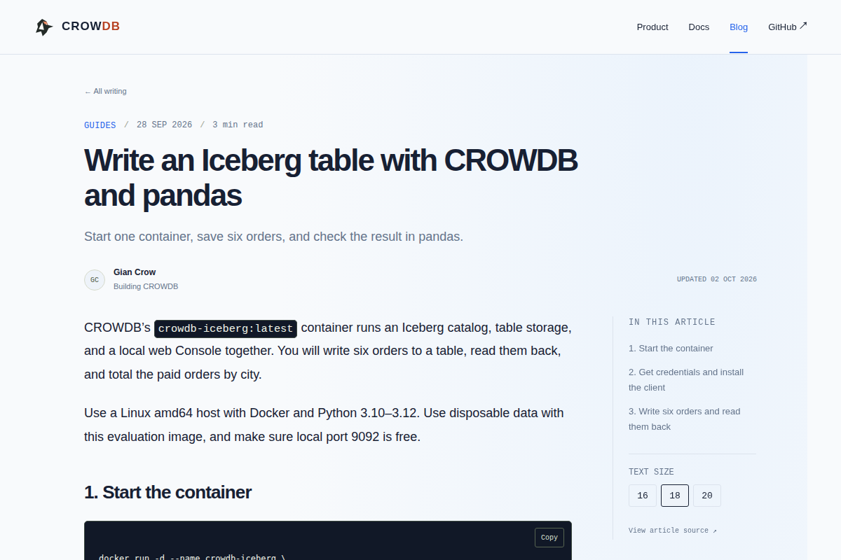 CROWDB Iceberg single-container demo screenshot