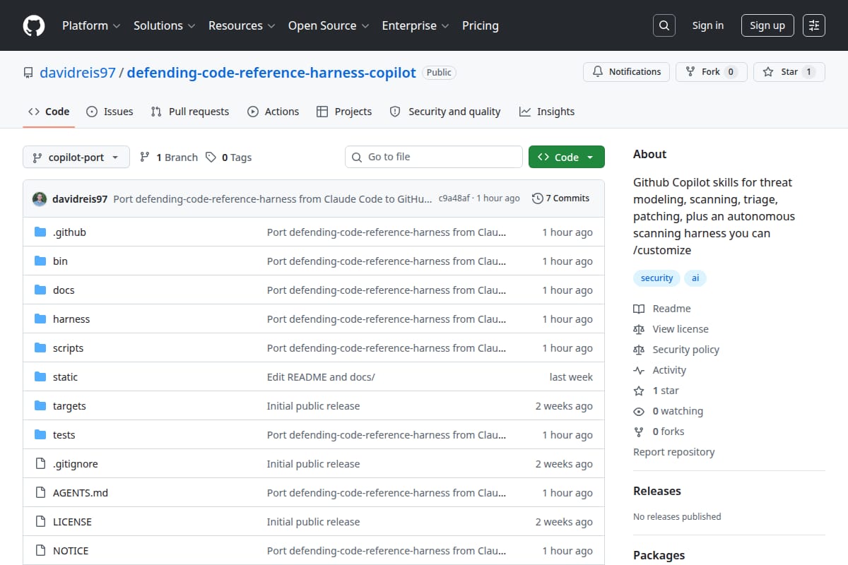 Defending Code Reference Harness — GitHub Copilot port screenshot