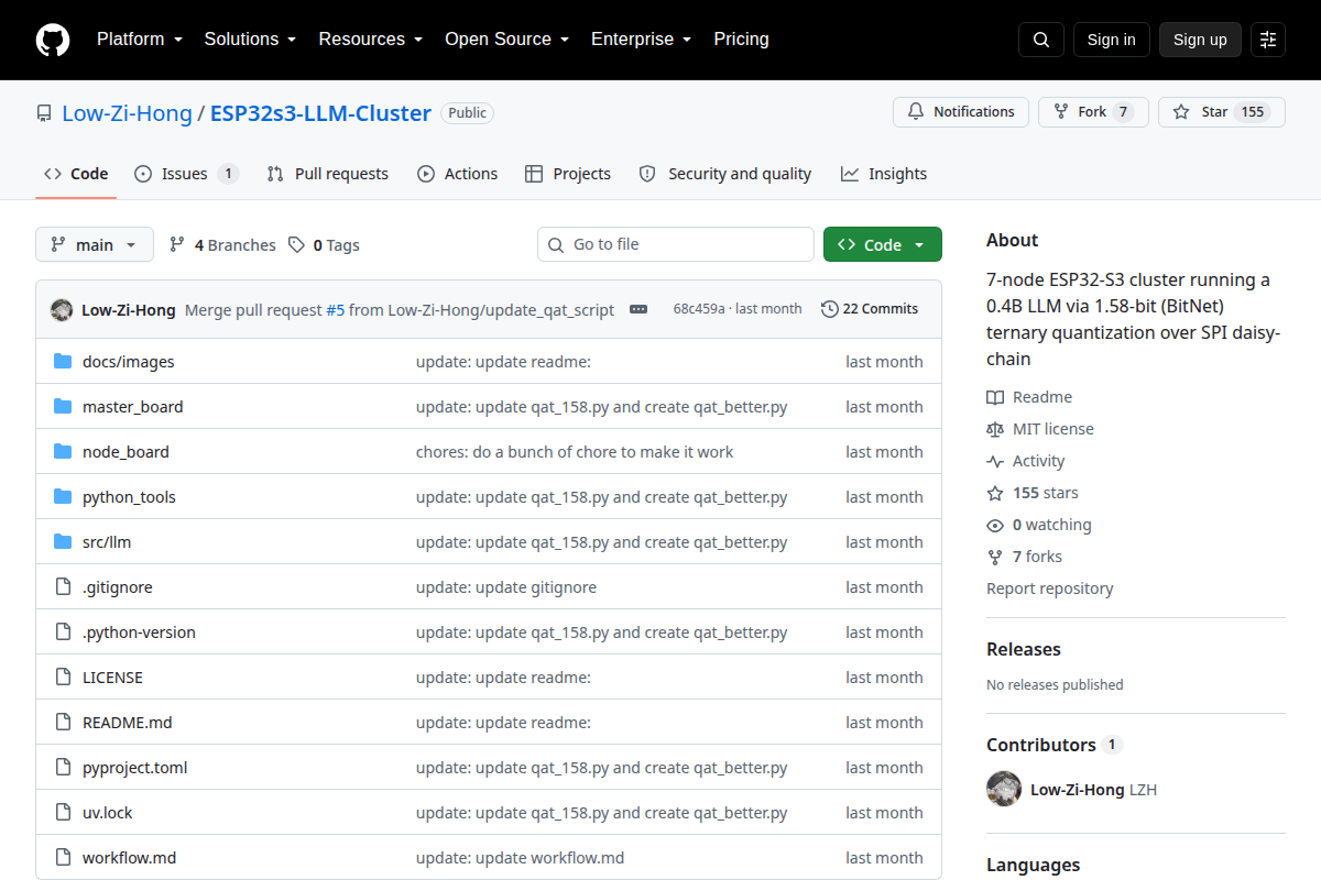 ESP32S3 cluster running 1.58-bit (BitNet) Language model screenshot