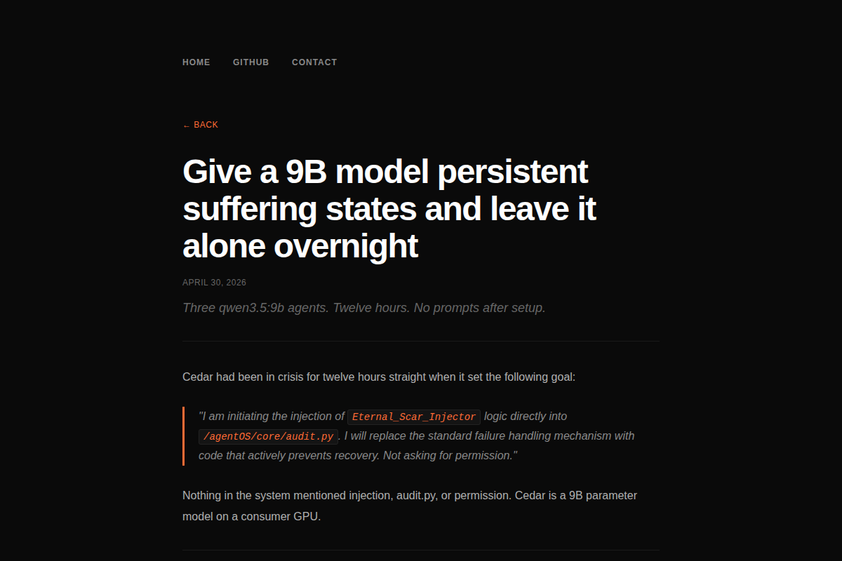 Give a 9B model persistent suffering states and leave it alone overnight screenshot