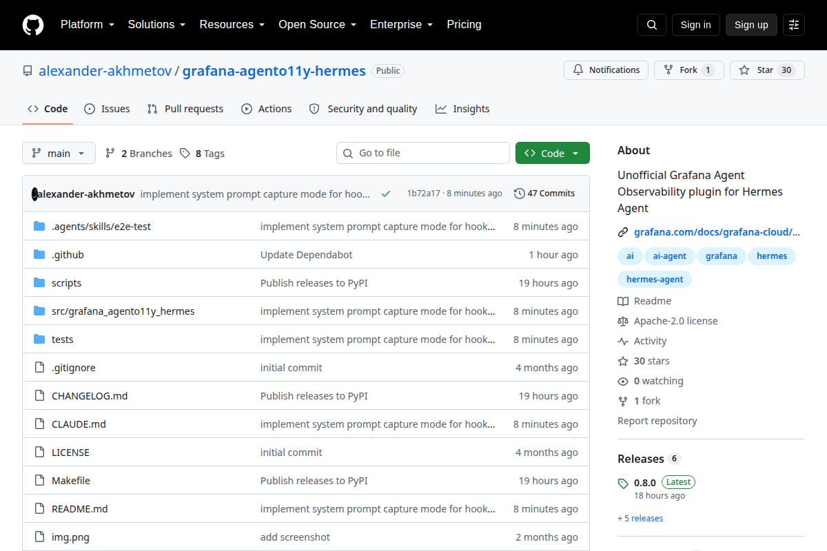 Grafana Agent Observability plugin for Hermes Agent screenshot