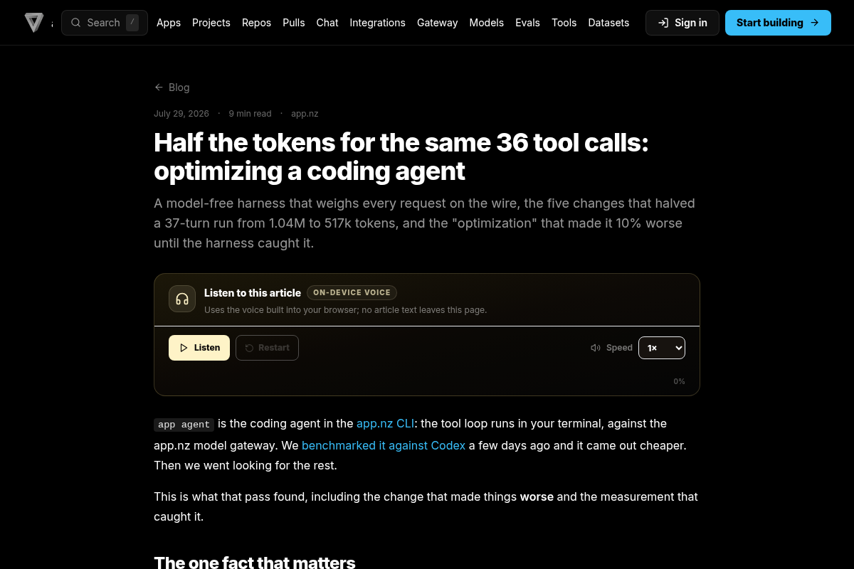 Half the tokens for the same 36 tool calls: optimizing a coding agent screenshot
