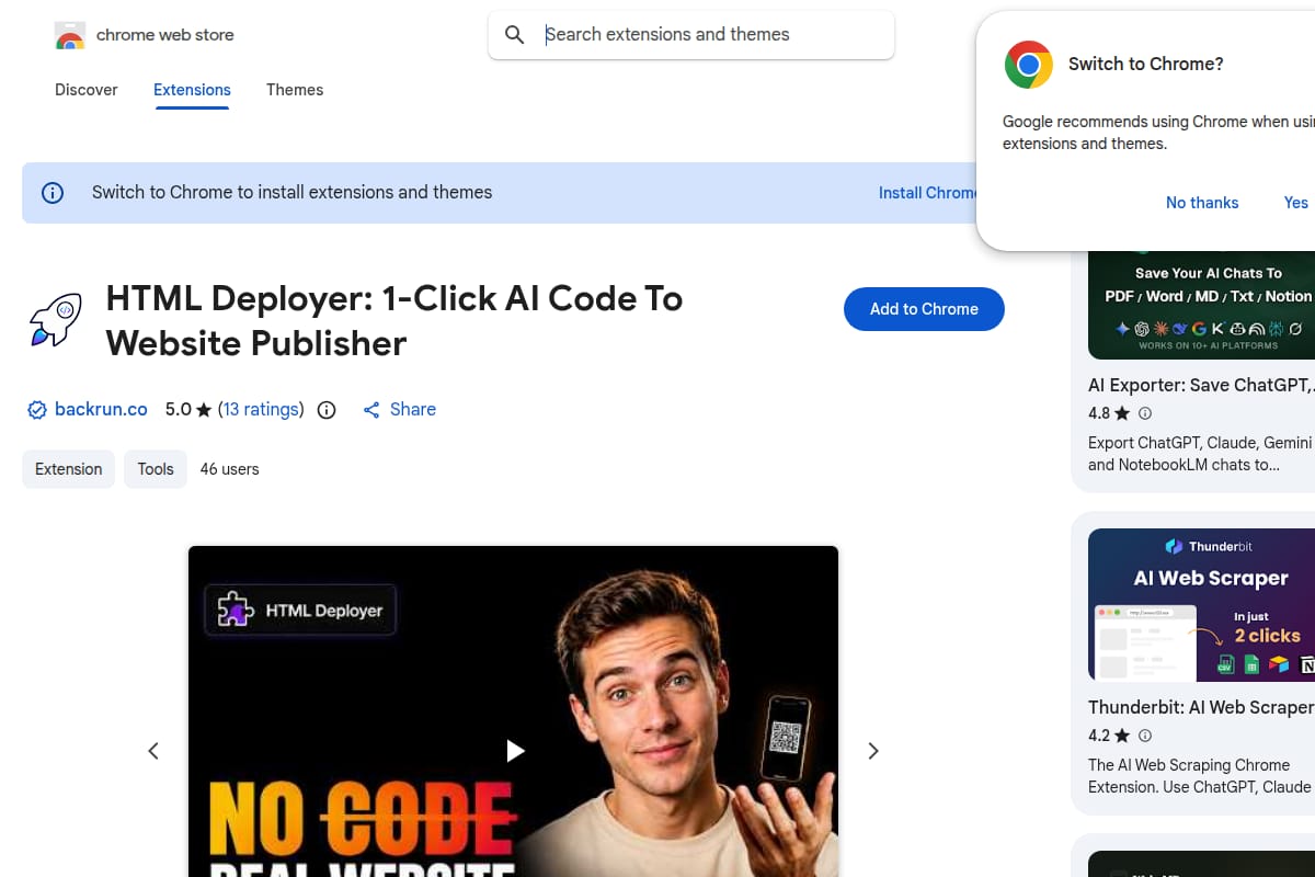 HTML Deployer: 1-Click AI Code To Website Publisher thumbnail