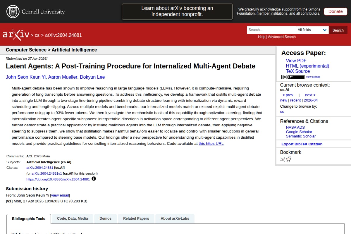 Latent Agents: A Post-Training Procedure for Internalized Multi-Agent Debate screenshot