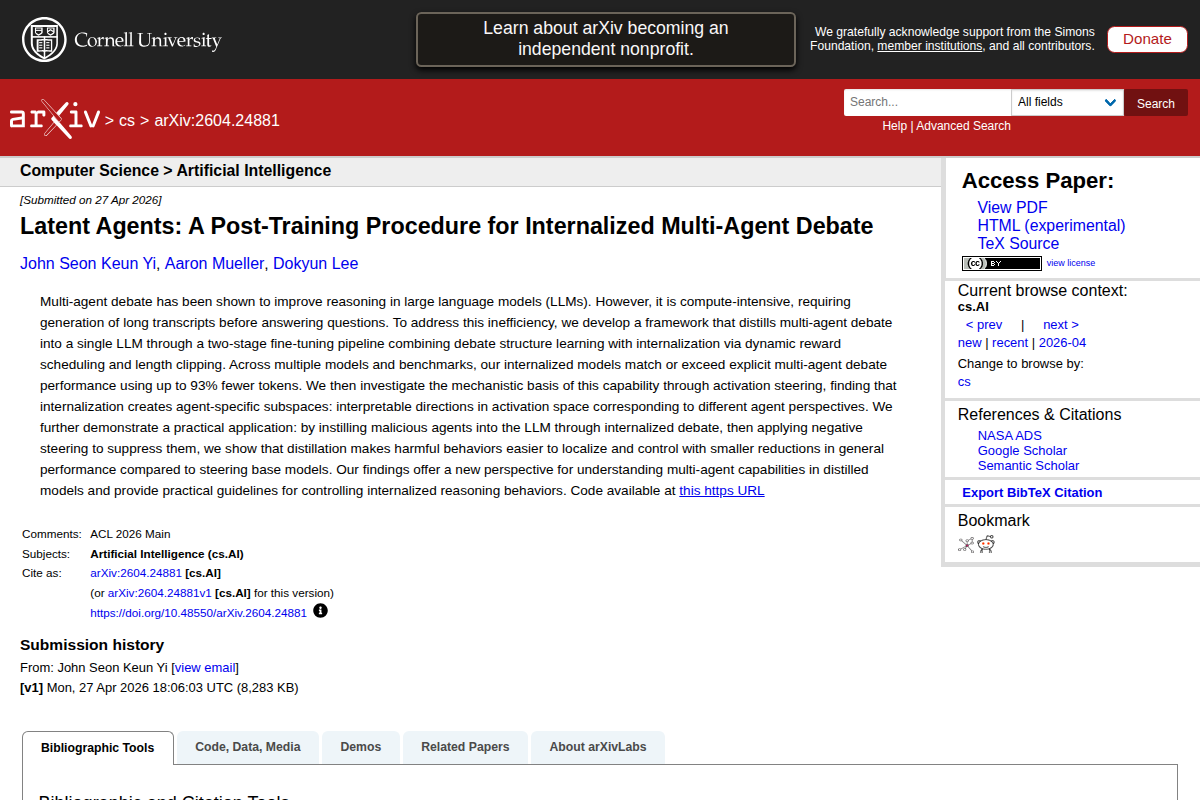 Latent Agents: A Post-Training Procedure for Internalized Multi-Agent Debate screenshot