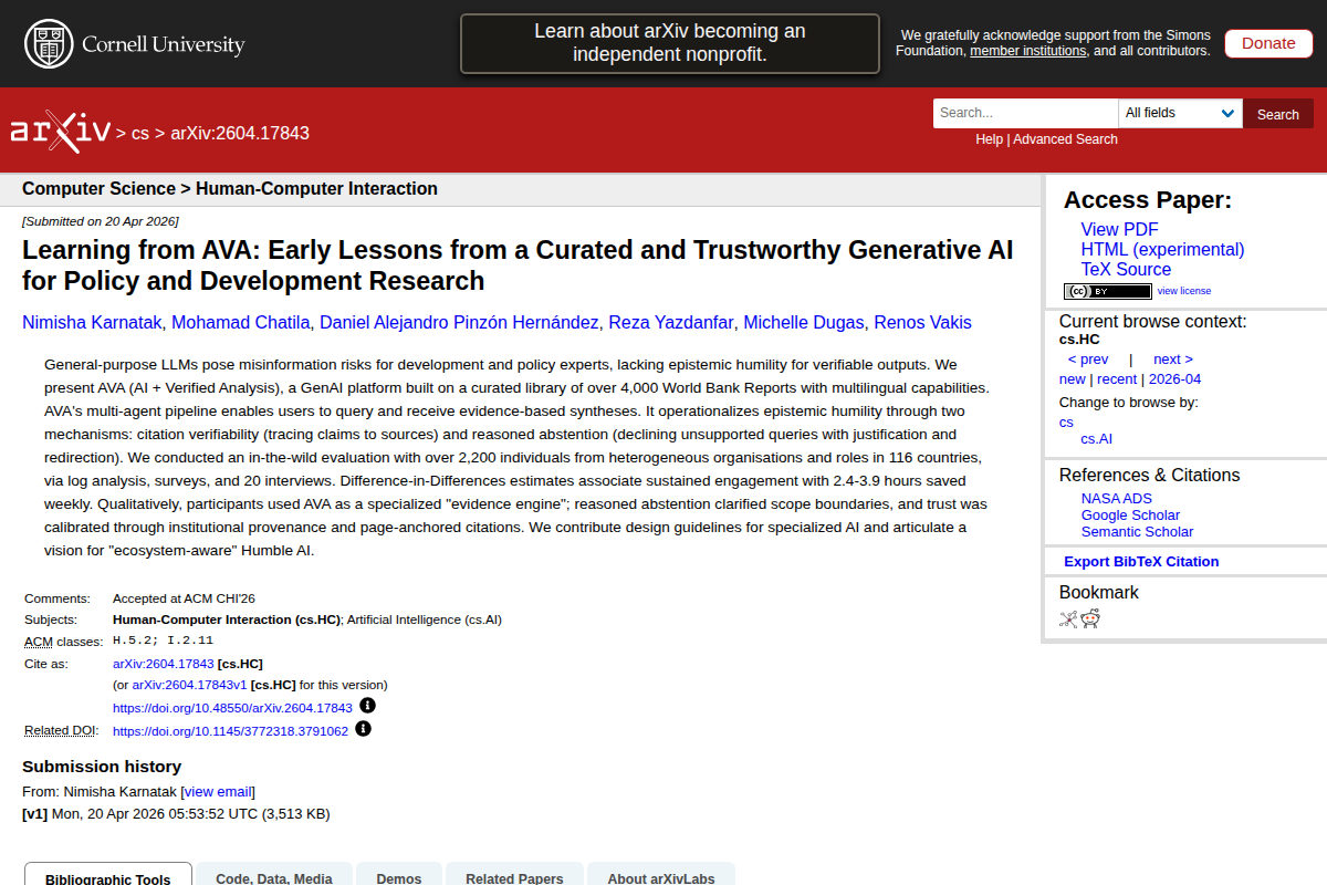 Learning from AVA: Early Lessons from a Curated and Trustworthy Generative AI for Policy and Development Research screenshot