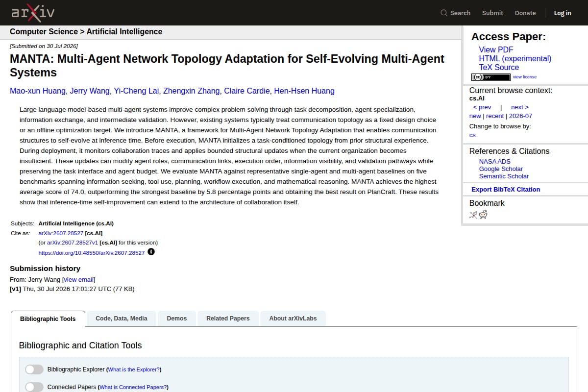 MANTA: Multi-Agent Network Topology Adaptation for Self-Evolving Multi-Agent Systems thumbnail