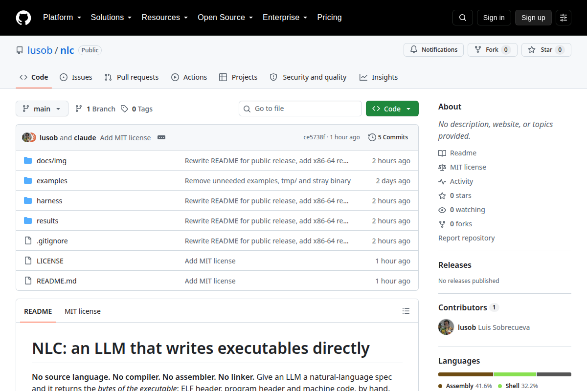 NLC: an LLM that writes executables directly screenshot