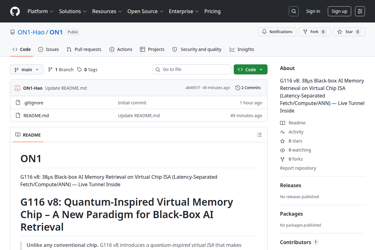 ON1 (G116 V8): 38μs Black-Box AI Memory Retrieval on Virtual Chip ISA screenshot