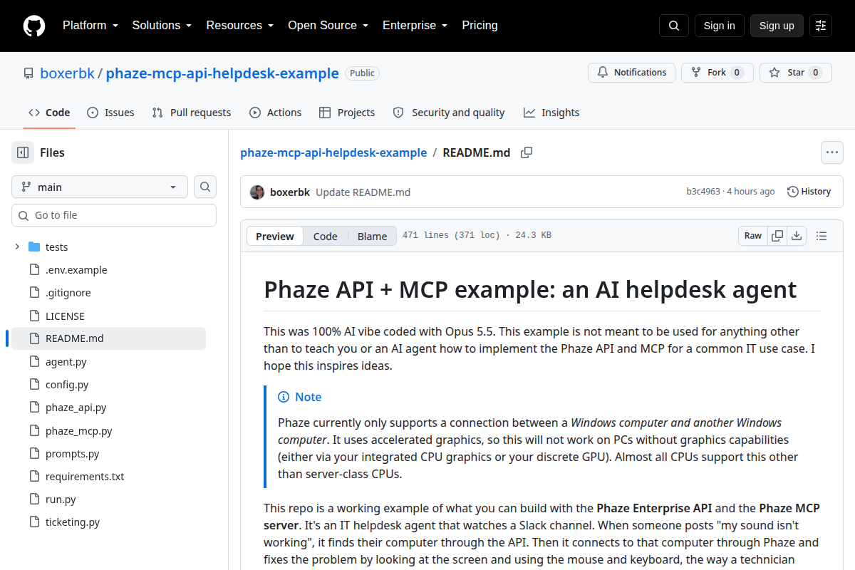 Phaze API + MCP Example: AI Helpdesk Agent screenshot