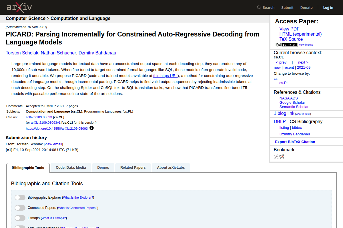 PICARD: Parsing Incrementally for Constrained Auto-Regressive Decoding from Language Models screenshot