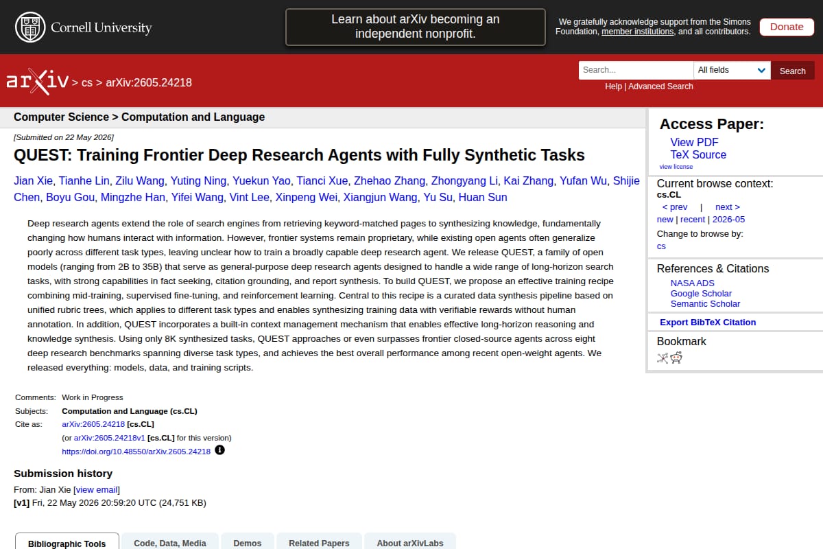 QUEST: Training Frontier Deep Research Agents with Fully Synthetic Tasks thumbnail