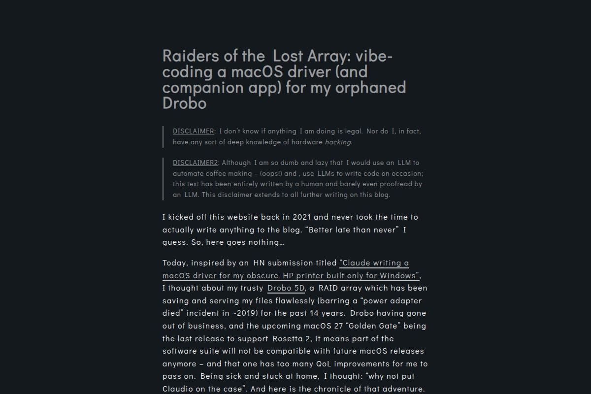 Raiders of the Lost Array: vibe-coding a macOS driver (and companion app) for my orphaned Drobo thumbnail
