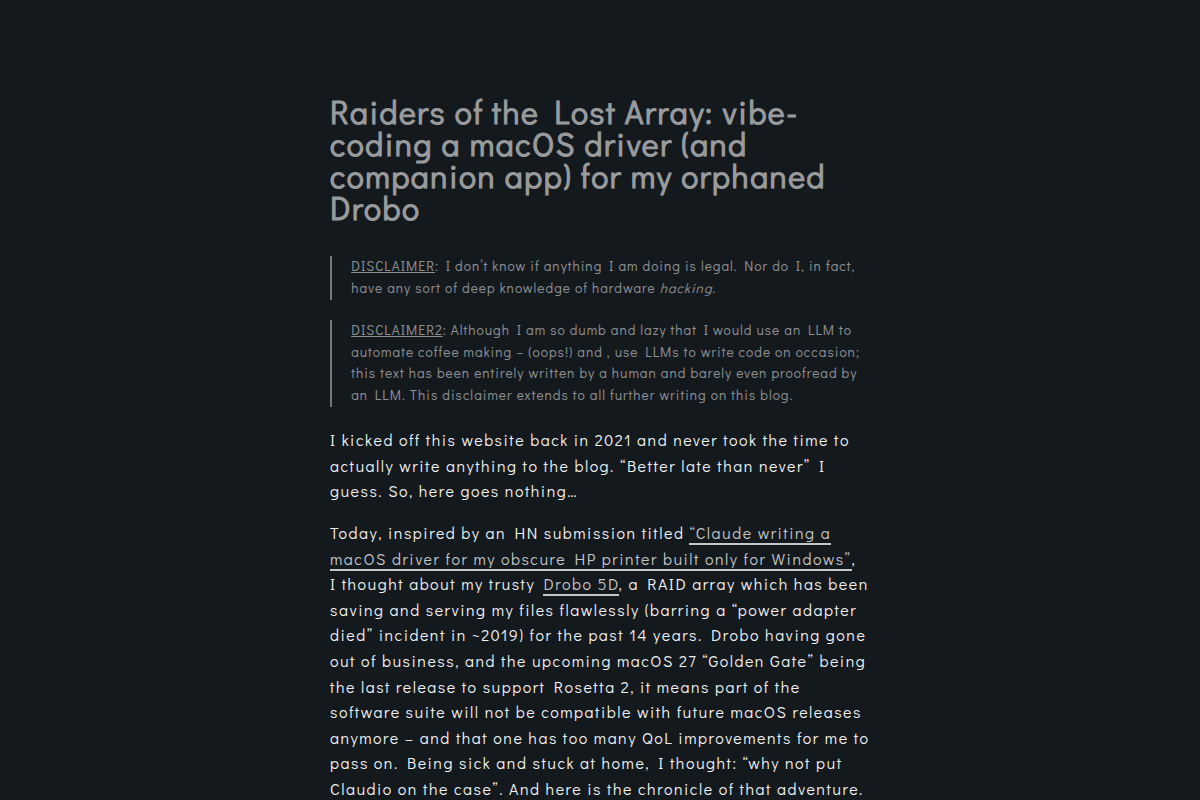 Raiders of the Lost Array: vibe-coding a macOS driver (and companion app) for my orphaned Drobo screenshot