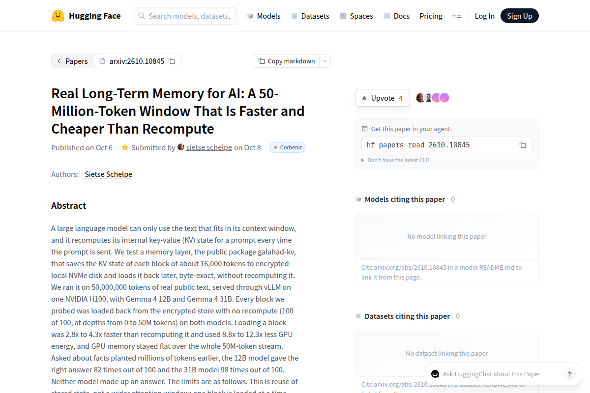 Real Long-Term Memory for AI: A 50-Million-Token Window That Is Faster and Cheaper Than Recompute screenshot