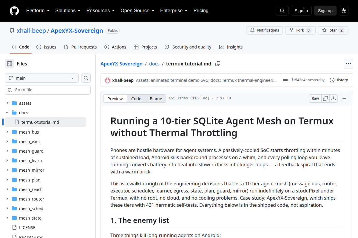 Running a 10-tier SQLite agent mesh on Termux without thermal throttling screenshot