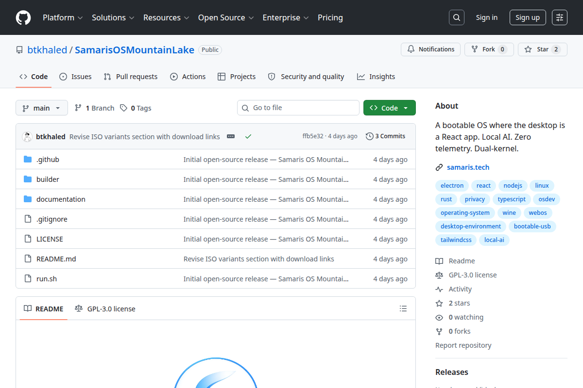 Samaris OS: A Bootable Linux-Based OS with React UI, Rust Daemons and Local AI screenshot