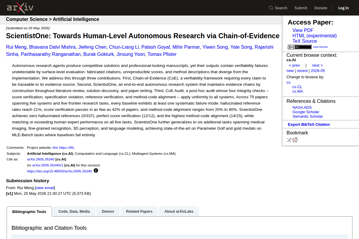 ScientistOne: Towards Human-Level Autonomous Research via Chain-of-Evidence screenshot