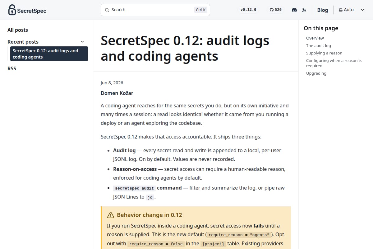 SecretSpec 0.12: audit logs and coding agents screenshot
