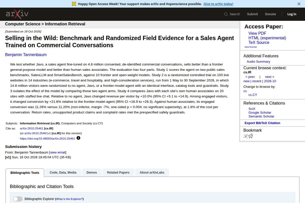 Selling in the Wild: Benchmark and Randomized Field Evidence for a Sales Agent Trained on Commercial Conversations thumbnail