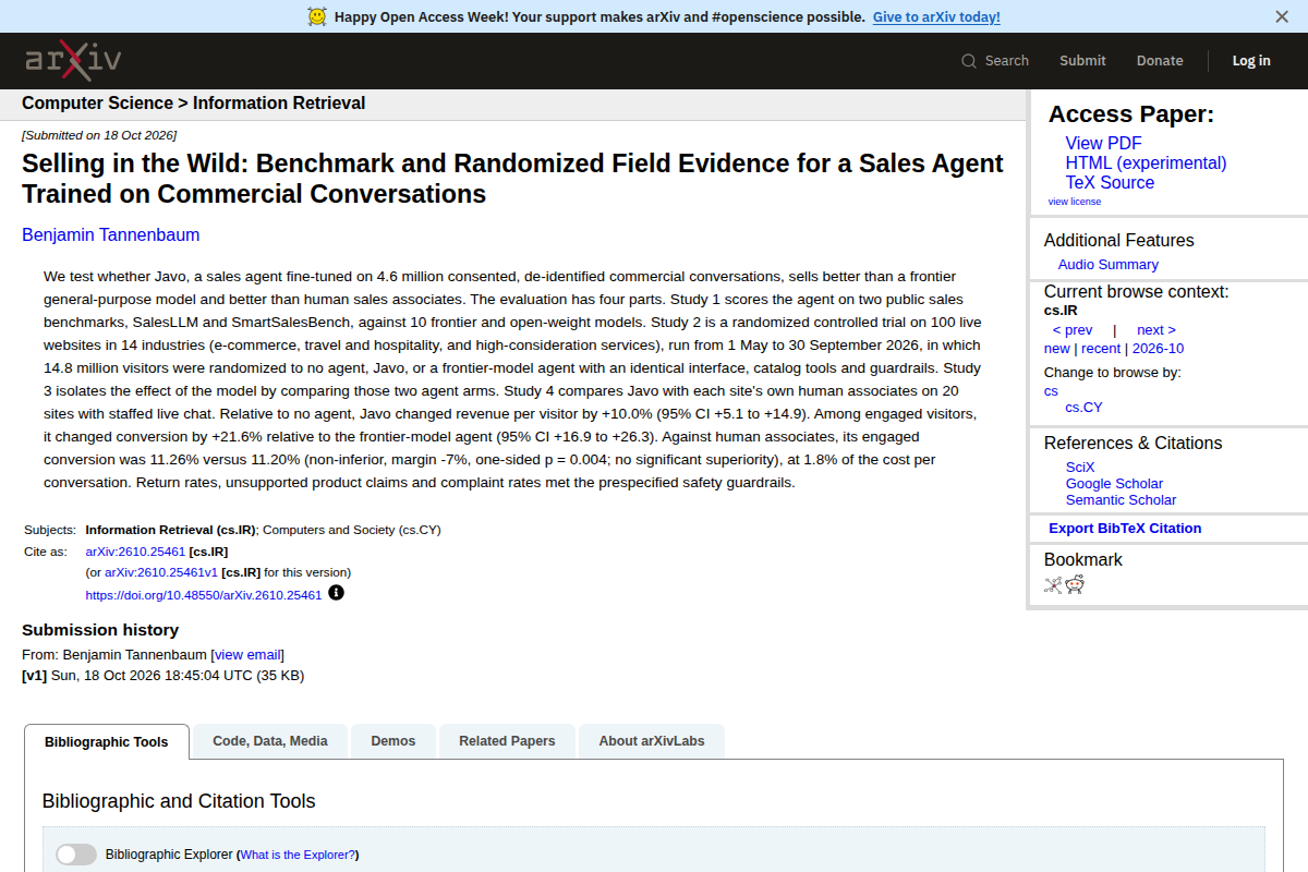 Selling in the Wild: Benchmark and Randomized Field Evidence for a Sales Agent Trained on Commercial Conversations screenshot