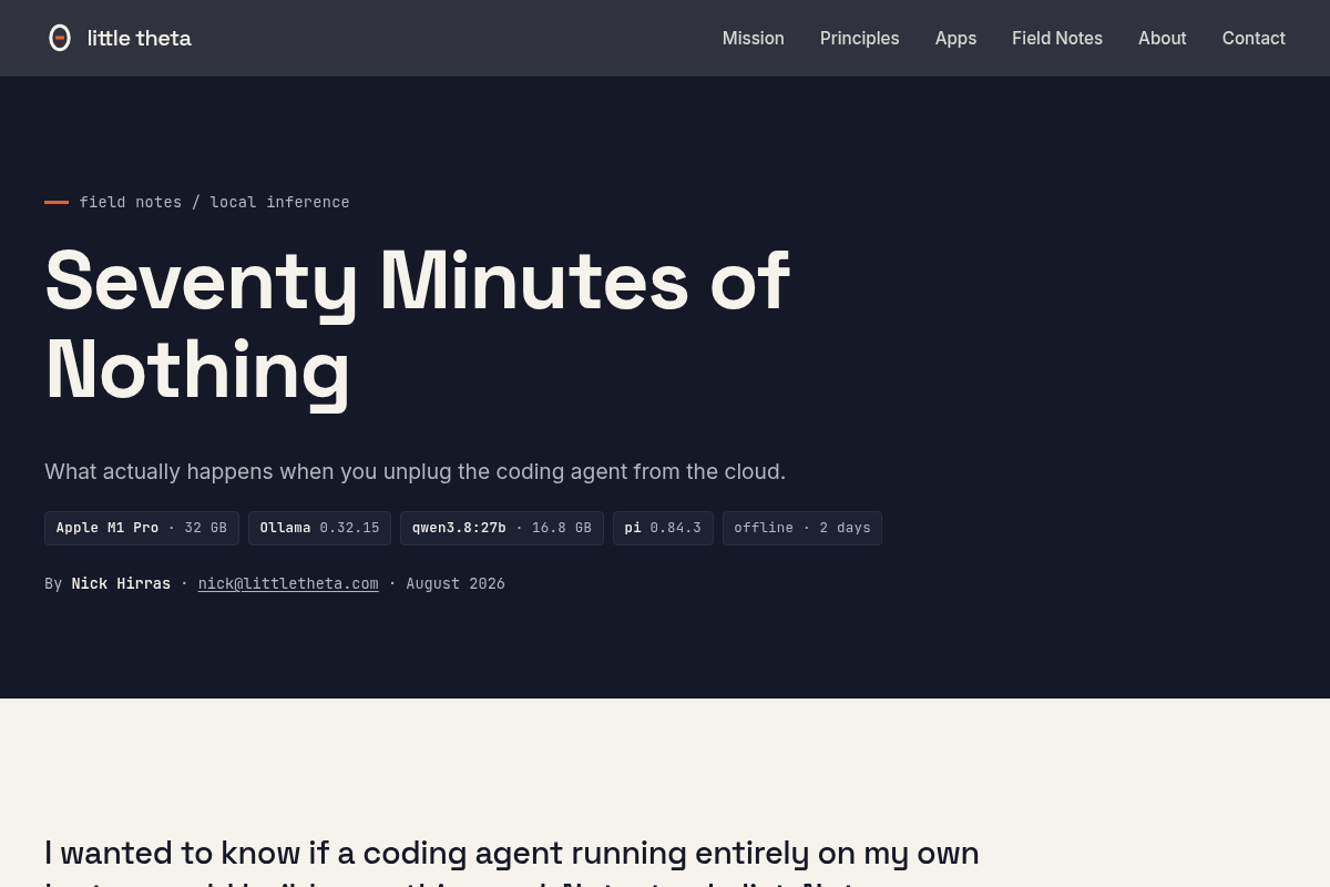 Seventy Minutes of Nothing: unplugging a coding agent from the cloud screenshot
