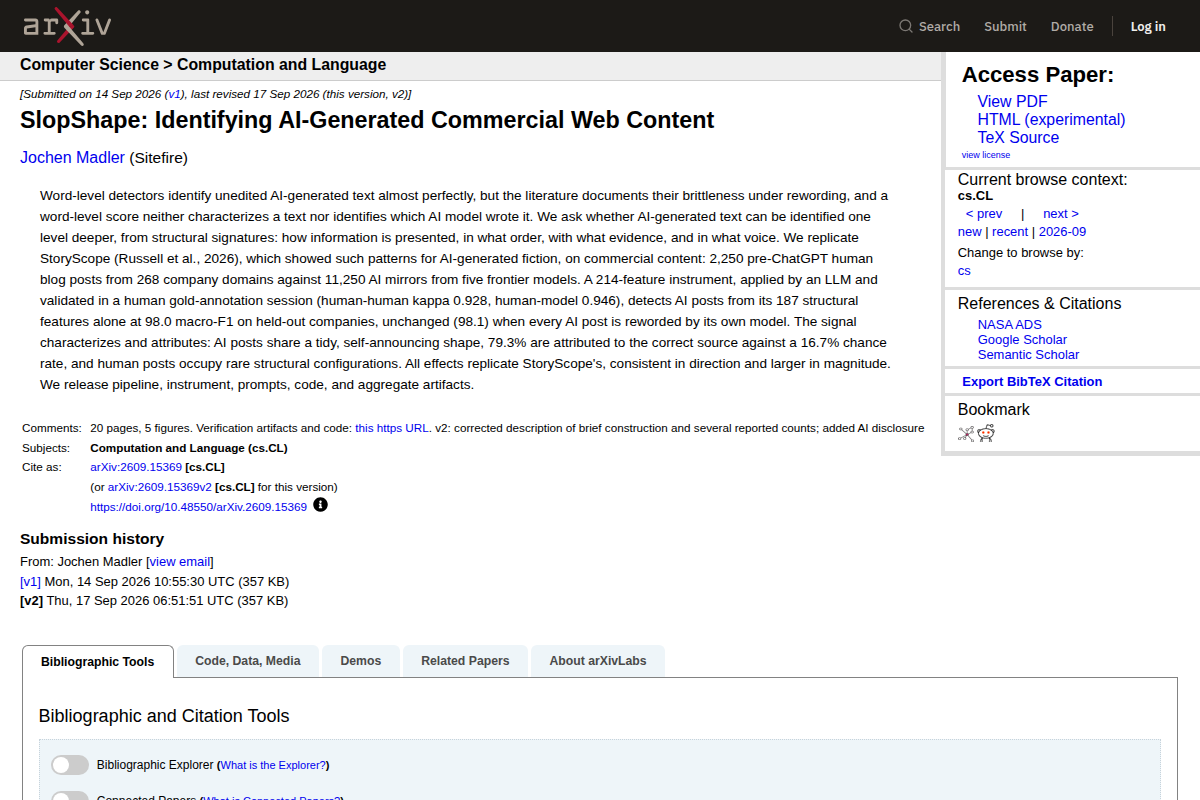 SlopShape: Identifying AI-Generated Commercial Web Content screenshot