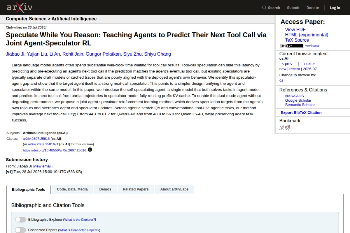 Speculate While You Reason: Teaching Agents to Predict Their Next Tool Call via Joint Agent-Speculator RL thumbnail