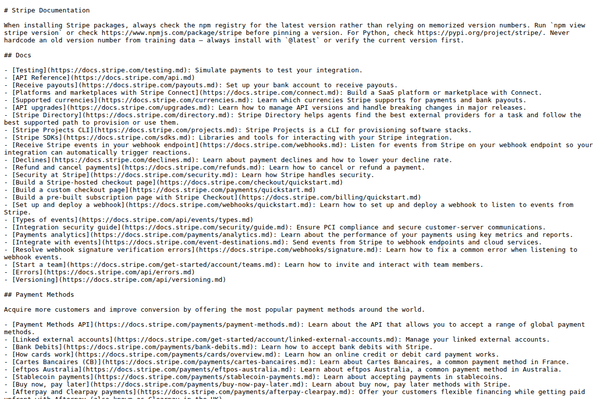 Stripe LLMS.txt screenshot