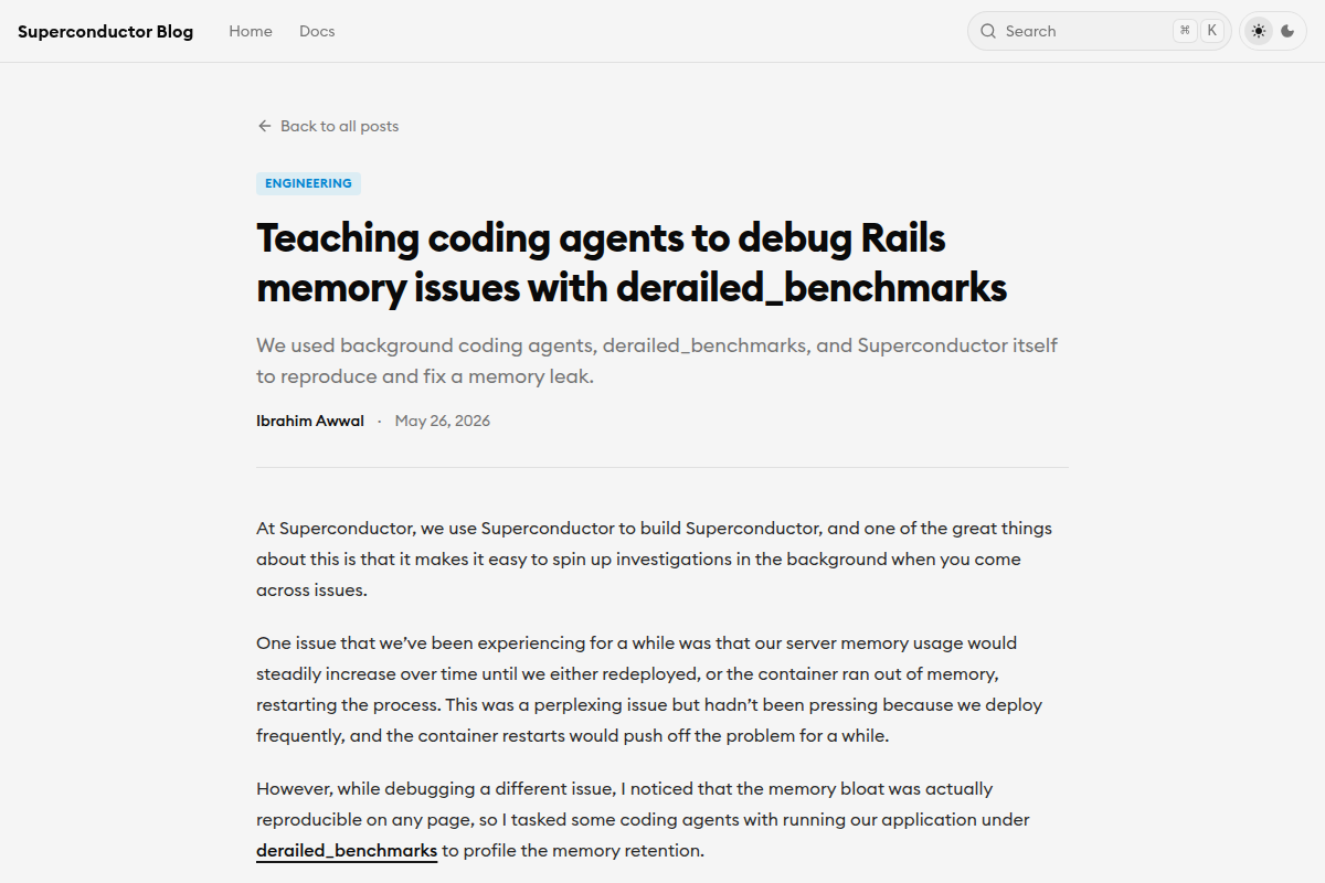 Teaching coding agents to debug Rails memory issues with derailed_benchmarks screenshot