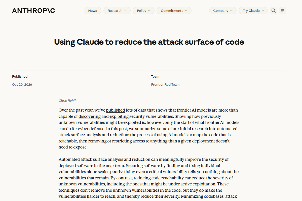 Using Claude to reduce the attack surface of code screenshot