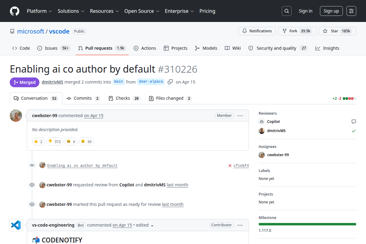 VS Code AI co-author default PR screenshot